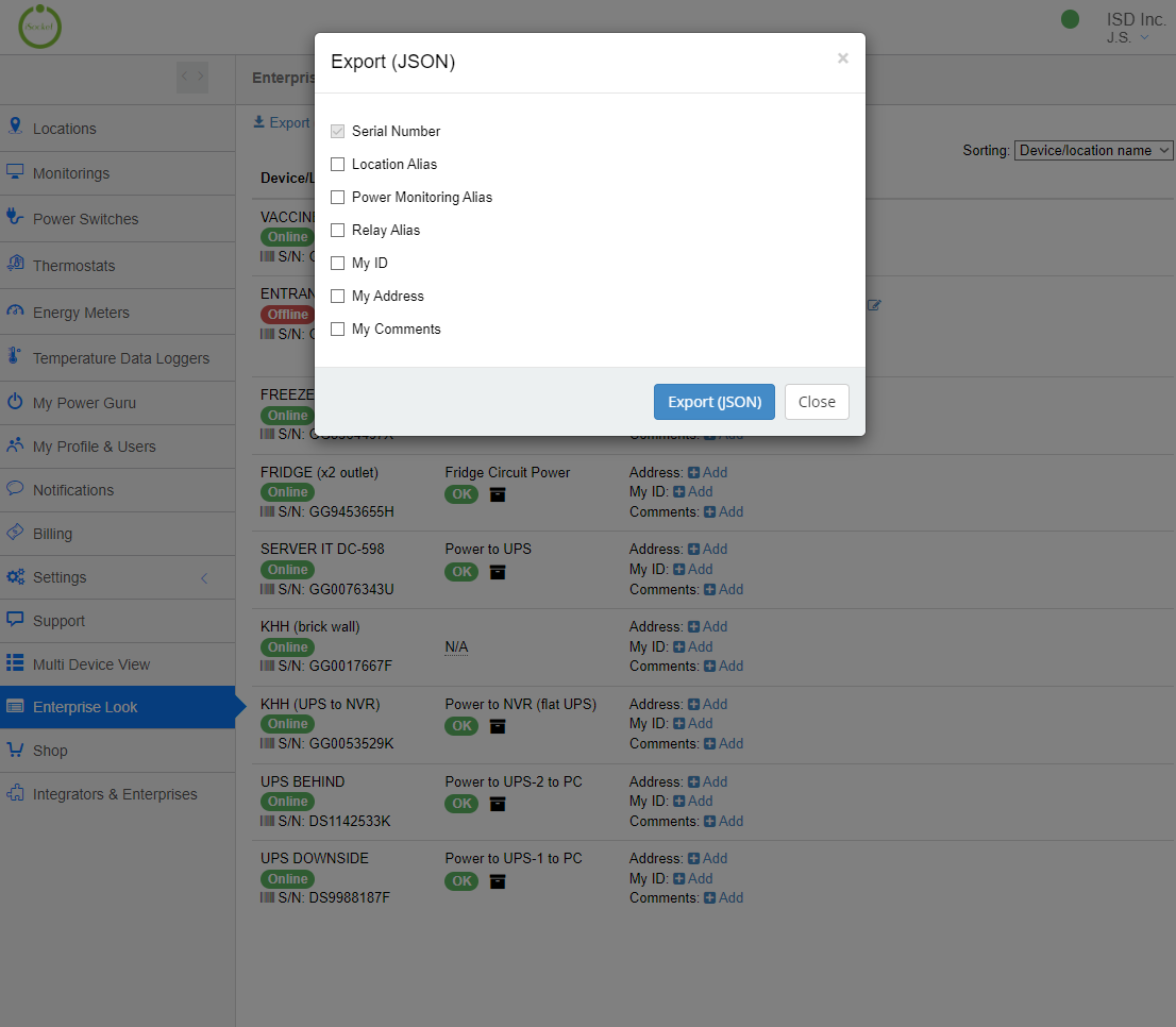 Export options for your data from iSocket IoT Portal