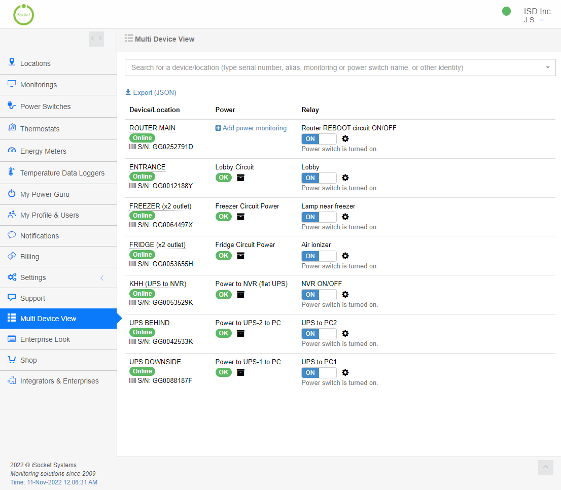 Multi Device View (MDV) section of iSocket IoT Portal - search