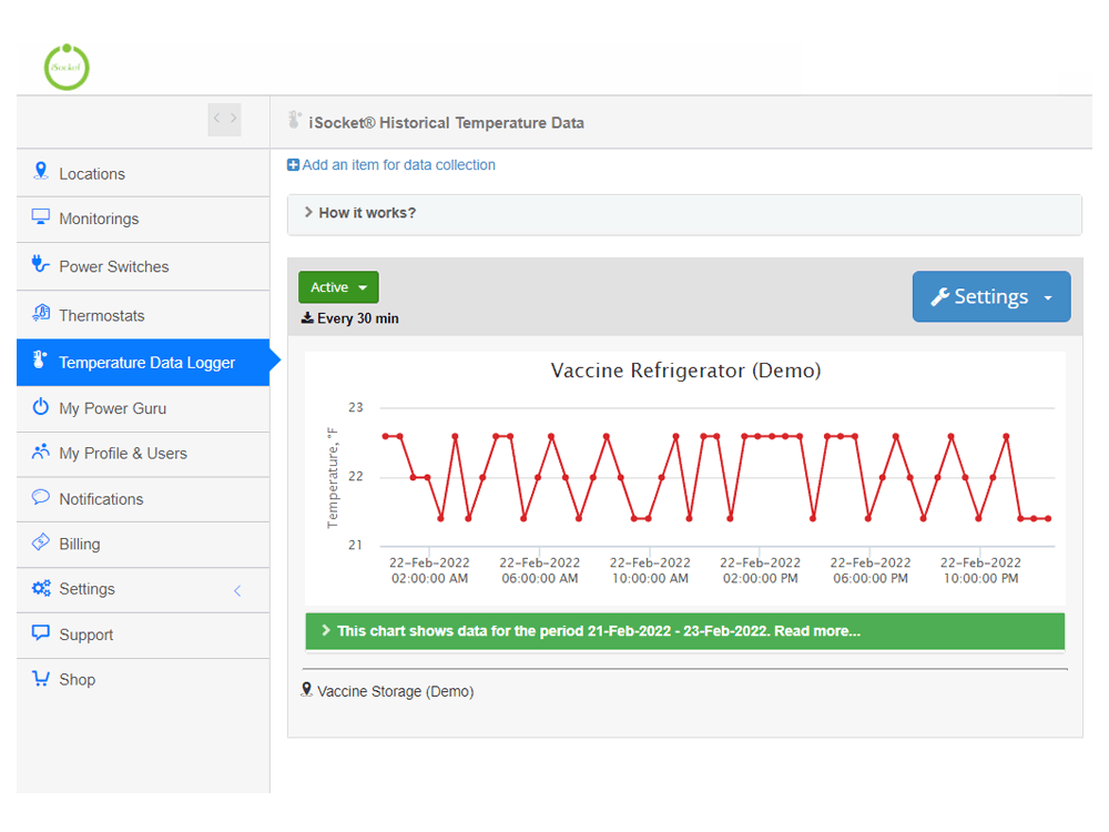 iSocket Historical Temperature Data Logger for your vaccine storage for auditors